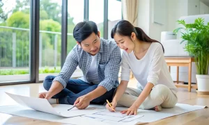 เจ้าของบ้านกำลังวางแผนสร้างบ้านและดูแบบแปลนกับสถาปนิก Power Home Design
