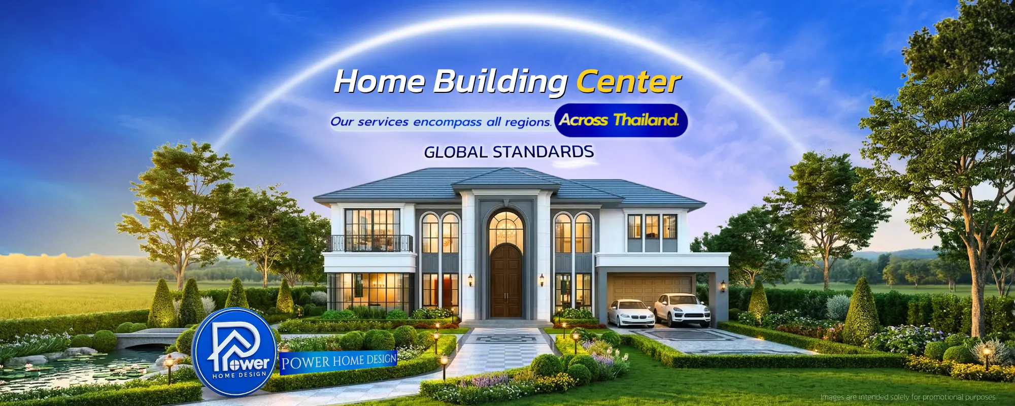 ภาพแบนเนอร์หน้าแรก บริษัทรับสร้างบ้าน Power Home Design โชว์ผลงานบ้านสไตล์โมเดิร์น พร้อมข้อความ "รับสร้างบ้านคุณภาพ มาตรฐานสากล บริการครอบคลุมทุกภูมิภาคทั่วไทย"